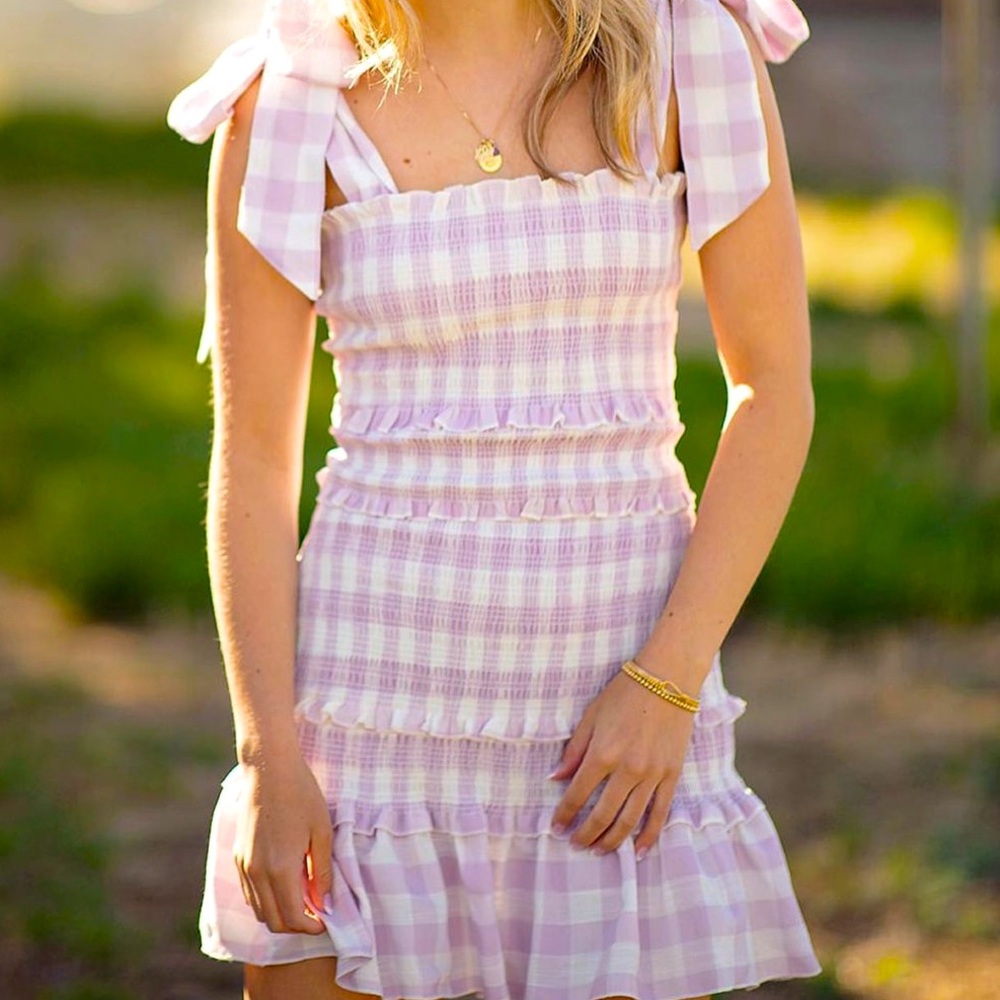 Lavender White Gingham Smocked Ruffle Tiered Mini Dress Size S
